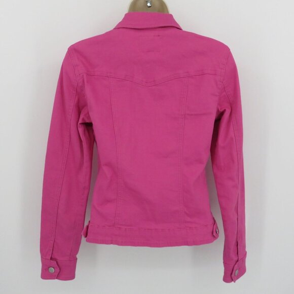 GUESS Women Small Pink Stretchy Denim Jean Jacket Collared Button Front Pockets - Picture 4 of 10